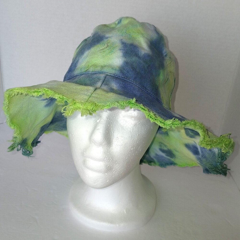 Hand Dyed Kid's Bucket Hat In Green and Blue With Frayed Edge Brim for Summer